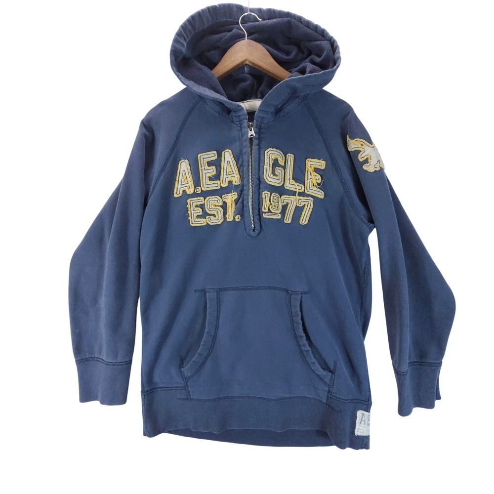 American Eagle Hoodie Men Large Blue Y2K Quarter Zip Distressed Spell Out Fleece